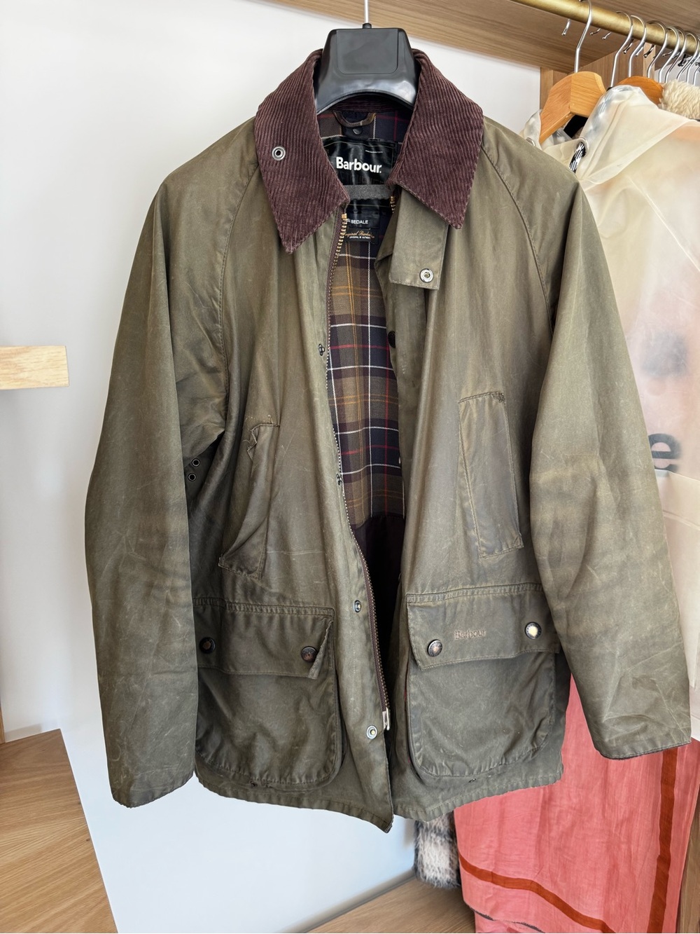 Barbour Olive Waxed Cotton Field Jacket with Brown Cord Collar